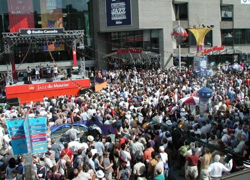 A performance at one of the many outdoor venues at the Jazz Festival on Rue Ste. Catherine