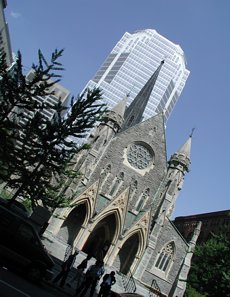 Christ Church Cathedral on Rue St. Catherine - the only church in Canada to sit atop an underground mall. The dramatic view from the street of the office tower's façade reflecting the church has become a city icon